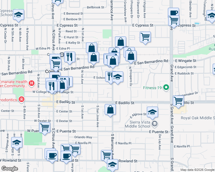 map of restaurants, bars, coffee shops, grocery stores, and more near 208 College Way in Covina