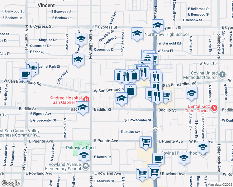 map of restaurants, bars, coffee shops, grocery stores, and more near 1130 West San Bernardino Road in Covina