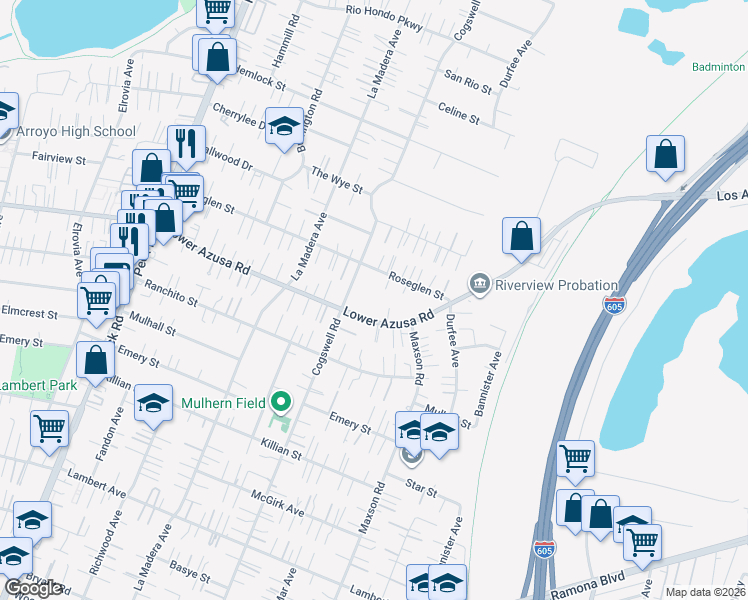 map of restaurants, bars, coffee shops, grocery stores, and more near 12049 Lower Azusa Road in El Monte