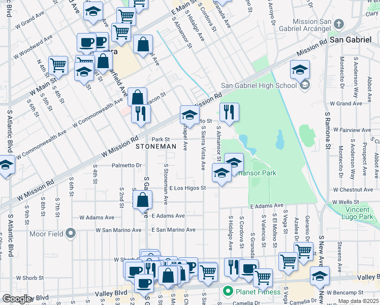 map of restaurants, bars, coffee shops, grocery stores, and more near 743 South Sierra Vista Avenue in Alhambra