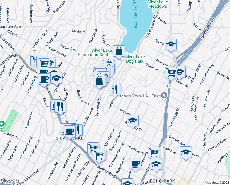 map of restaurants, bars, coffee shops, grocery stores, and more near 1617 Angelus Avenue in Los Angeles