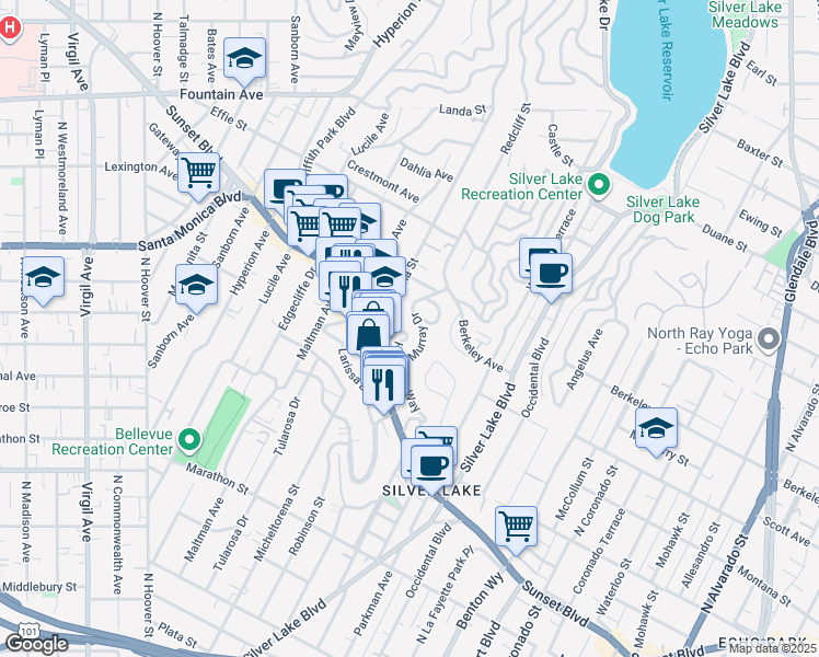 map of restaurants, bars, coffee shops, grocery stores, and more near 1438 Murray Drive in Los Angeles