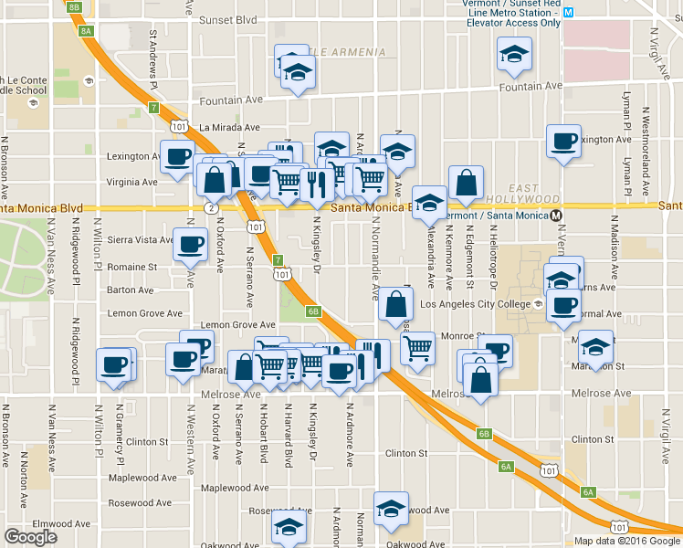 map of restaurants, bars, coffee shops, grocery stores, and more near 947 1/2 North Ardmore Avenue in Los Angeles