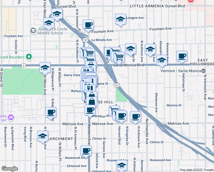 map of restaurants, bars, coffee shops, grocery stores, and more near 942 1/2 North Serrano Avenue in Los Angeles