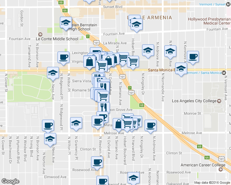 map of restaurants, bars, coffee shops, grocery stores, and more near 942 1/2 North Serrano Avenue in Los Angeles