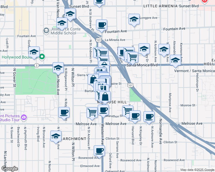 map of restaurants, bars, coffee shops, grocery stores, and more near 943 North Oxford Avenue in Los Angeles