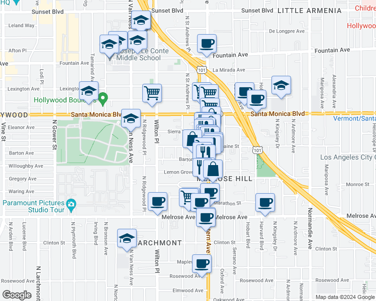 map of restaurants, bars, coffee shops, grocery stores, and more near 5446 Barton Avenue in Los Angeles