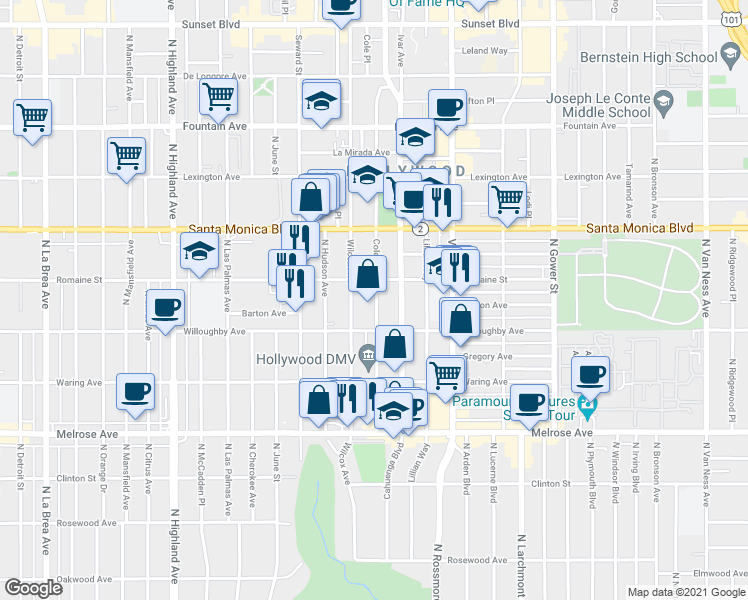 map of restaurants, bars, coffee shops, grocery stores, and more near 912 Wilcox Avenue in Los Angeles