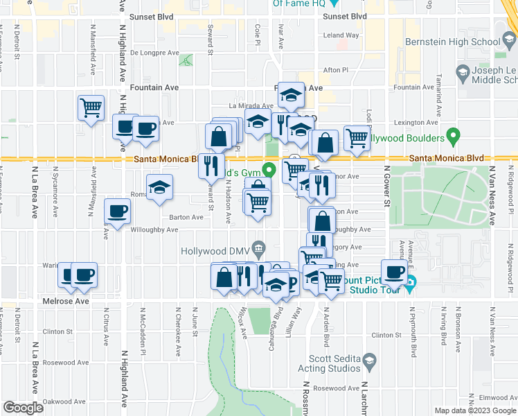 map of restaurants, bars, coffee shops, grocery stores, and more near 912 Wilcox Avenue in Los Angeles