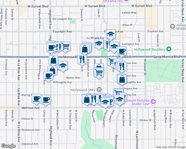 map of restaurants, bars, coffee shops, grocery stores, and more near 912 North Hudson Avenue in Los Angeles