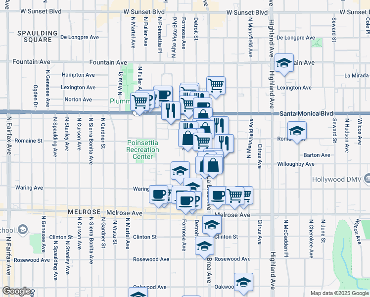 map of restaurants, bars, coffee shops, grocery stores, and more near 7165 Willoughby Avenue in Los Angeles