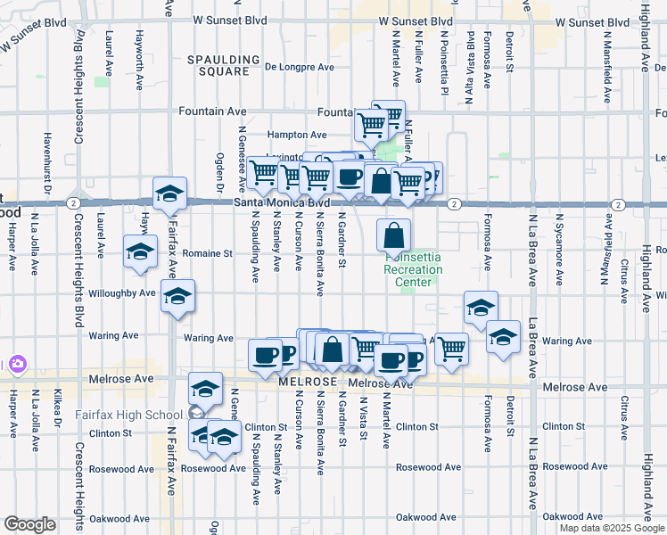 map of restaurants, bars, coffee shops, grocery stores, and more near 904 North Gardner Street in West Hollywood