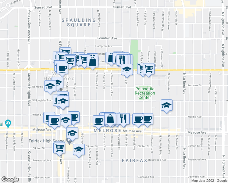 map of restaurants, bars, coffee shops, grocery stores, and more near 909 North Sierra Bonita Avenue in West Hollywood