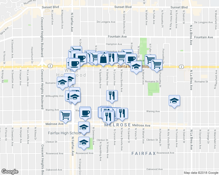 map of restaurants, bars, coffee shops, grocery stores, and more near 912 North Stanley Avenue in West Hollywood