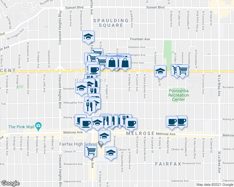 map of restaurants, bars, coffee shops, grocery stores, and more near 907 North Spaulding Avenue in West Hollywood