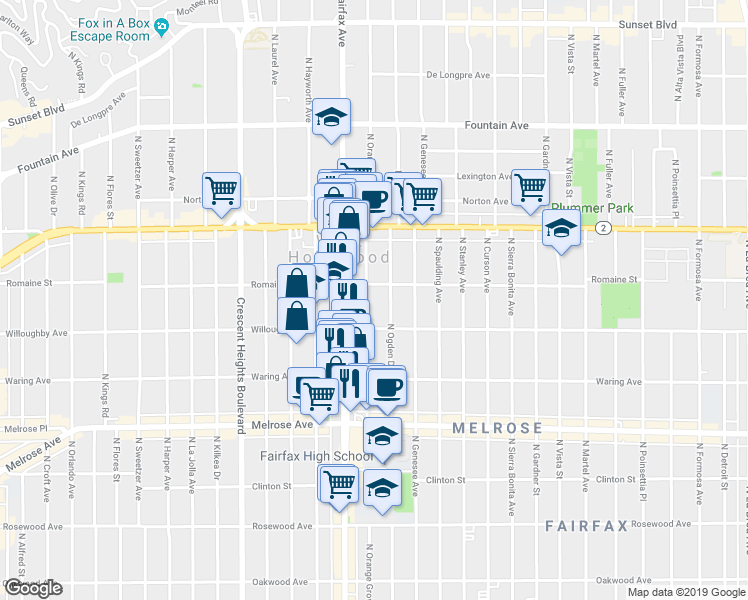 map of restaurants, bars, coffee shops, grocery stores, and more near in West Hollywood