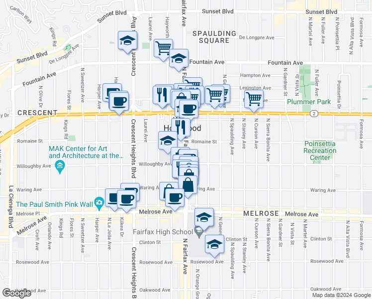 map of restaurants, bars, coffee shops, grocery stores, and more near 905 1/2 North Fairfax Avenue in West Hollywood