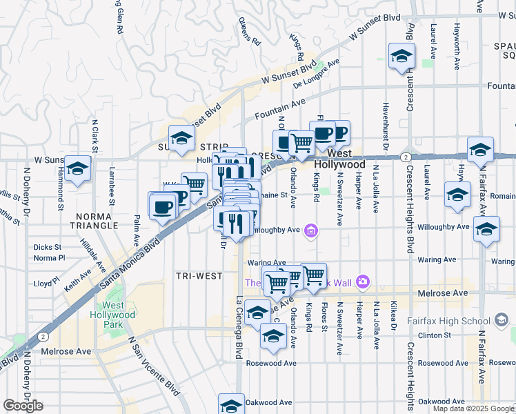 map of restaurants, bars, coffee shops, grocery stores, and more near 911 North Alfred Street in Los Angeles