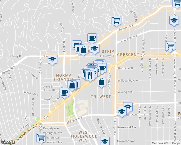 map of restaurants, bars, coffee shops, grocery stores, and more near 924 Hancock Avenue in West Hollywood