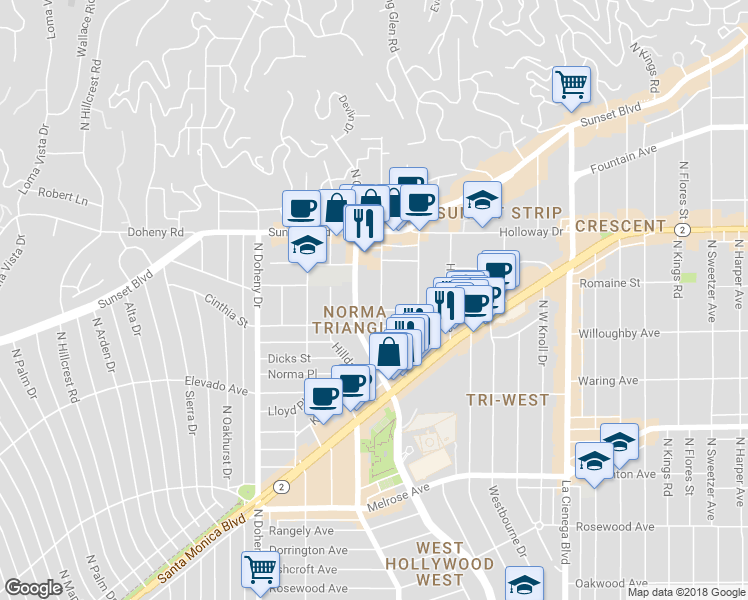 map of restaurants, bars, coffee shops, grocery stores, and more near 911 Larrabee Street in West Hollywood