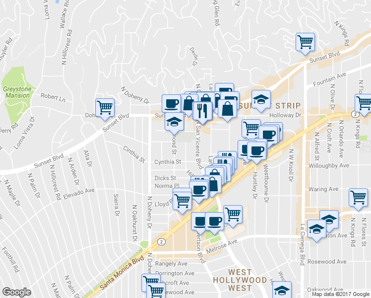 map of restaurants, bars, coffee shops, grocery stores, and more near in West Hollywood