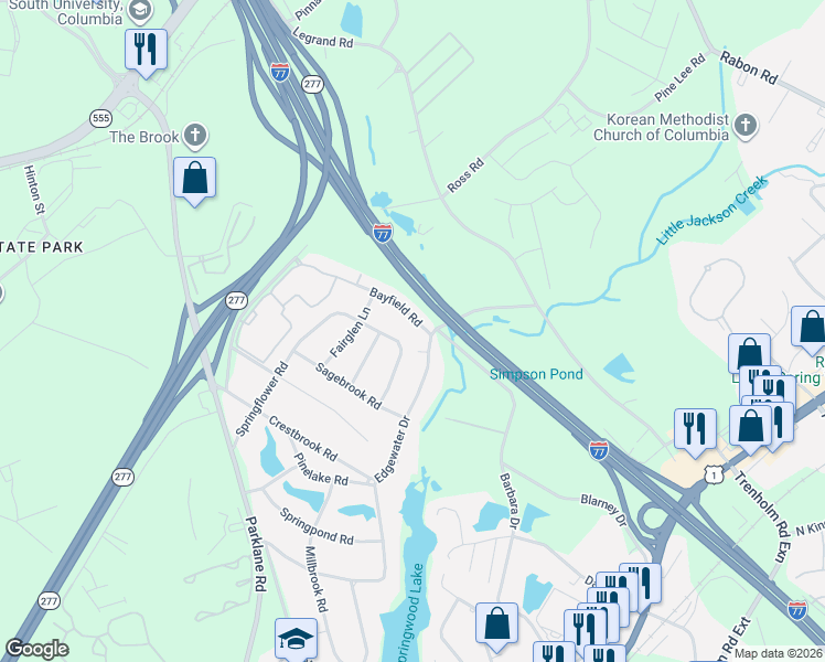 map of restaurants, bars, coffee shops, grocery stores, and more near 8220 Springflower Road in Columbia