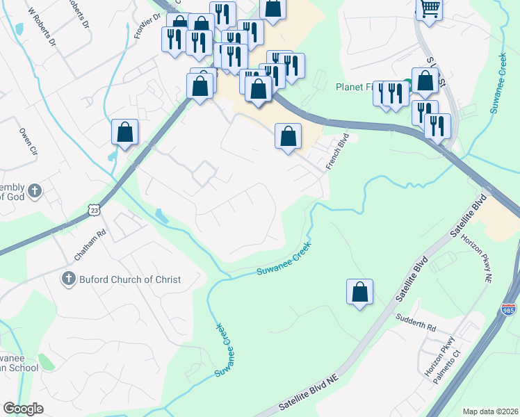 map of restaurants, bars, coffee shops, grocery stores, and more near 4161 Ripley Court in Buford