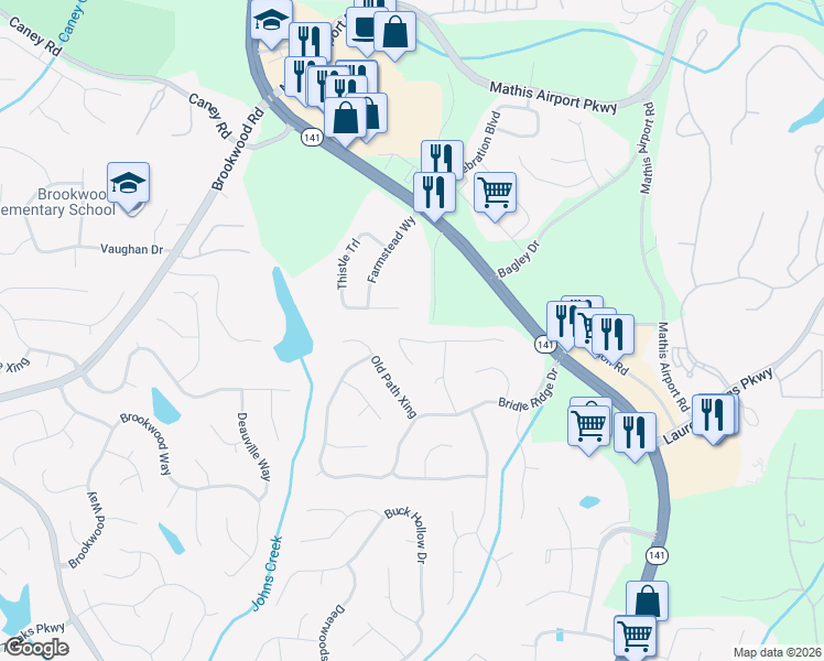 map of restaurants, bars, coffee shops, grocery stores, and more near 3645 Preakness Lane in Suwanee