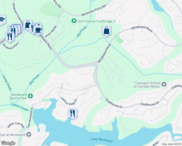 map of restaurants, bars, coffee shops, grocery stores, and more near 12955 Mariners Court in Alpharetta