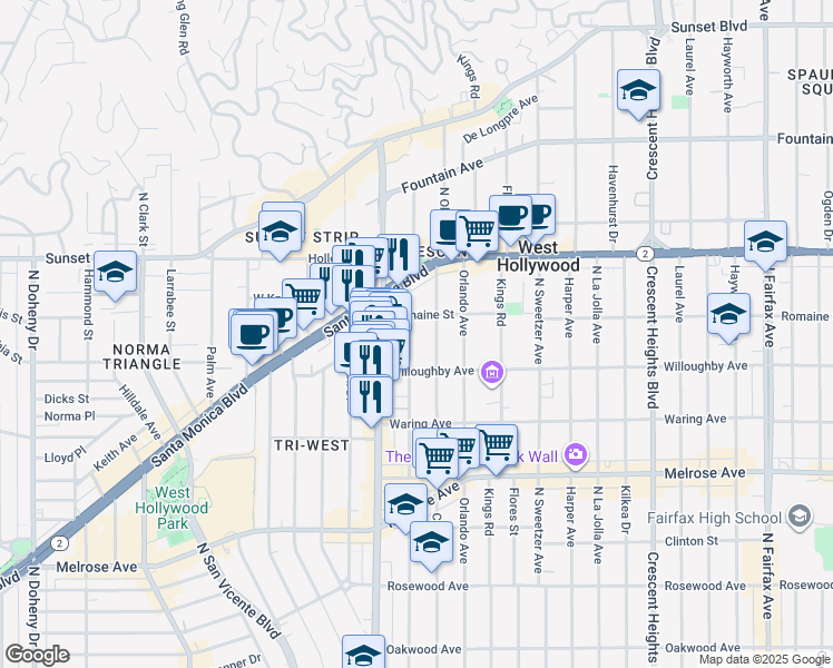 map of restaurants, bars, coffee shops, grocery stores, and more near 932 North Alfred Street in Los Angeles