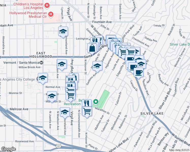 map of restaurants, bars, coffee shops, grocery stores, and more near 912 Sanborn Avenue in Los Angeles
