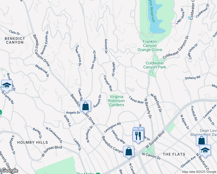 map of restaurants, bars, coffee shops, grocery stores, and more near 1085 Carolyn Way in Beverly Hills