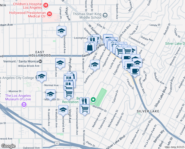map of restaurants, bars, coffee shops, grocery stores, and more near 912 Sanborn Avenue in Los Angeles