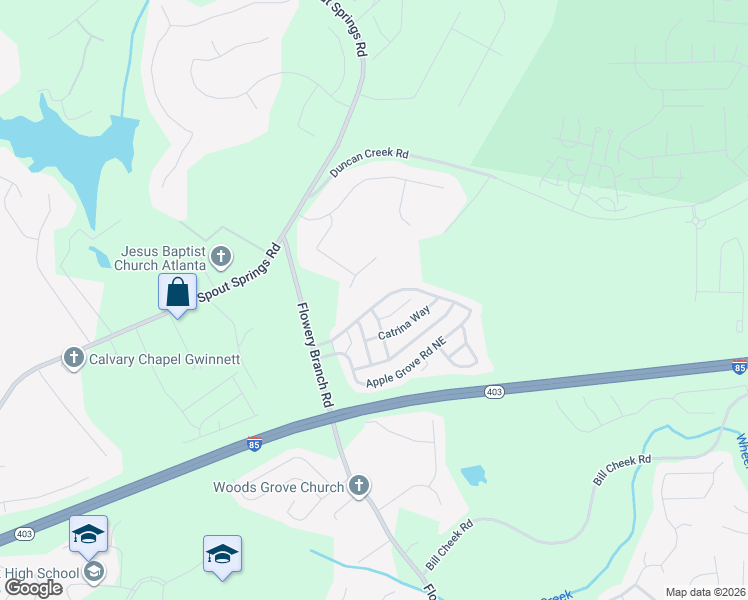 map of restaurants, bars, coffee shops, grocery stores, and more near 5196 Apple Grove Road Northeast in Buford