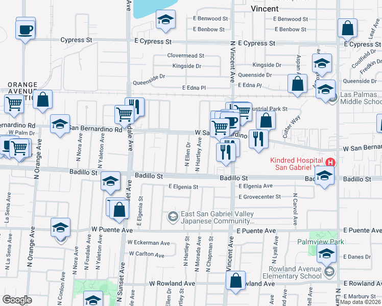 map of restaurants, bars, coffee shops, grocery stores, and more near 4102 North Ellen Drive in Covina