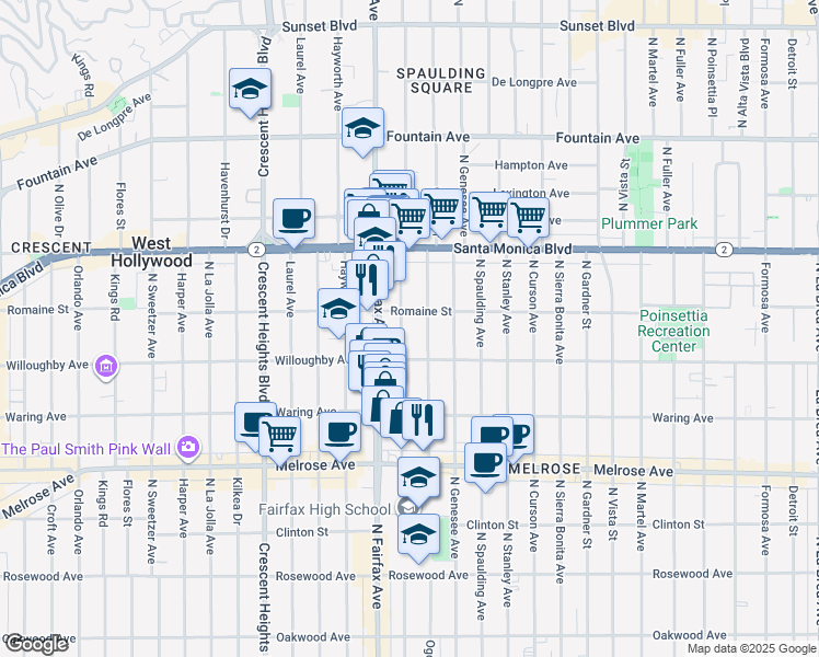 map of restaurants, bars, coffee shops, grocery stores, and more near in West Hollywood