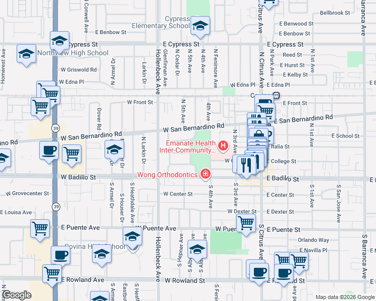 map of restaurants, bars, coffee shops, grocery stores, and more near 425 West Kenoak Drive in Covina
