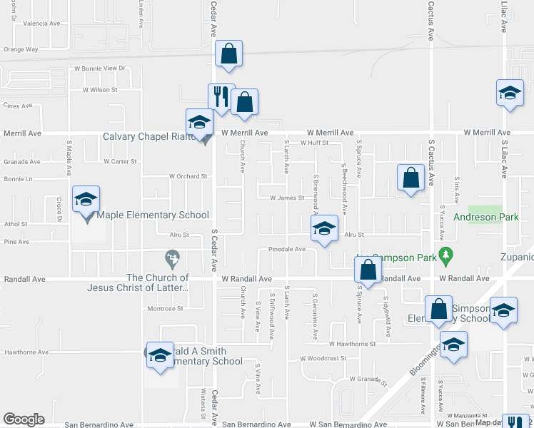 map of restaurants, bars, coffee shops, grocery stores, and more near 730 South Driftwood Avenue in Rialto
