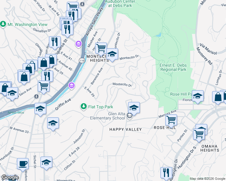 map of restaurants, bars, coffee shops, grocery stores, and more near 1100 Montecito Drive in Los Angeles
