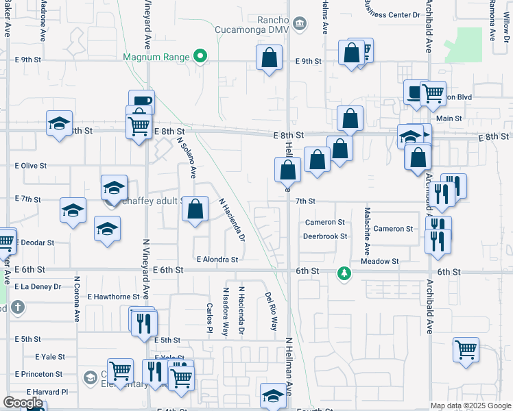 map of restaurants, bars, coffee shops, grocery stores, and more near 9212 North Rancho Park Circle in Rancho Cucamonga