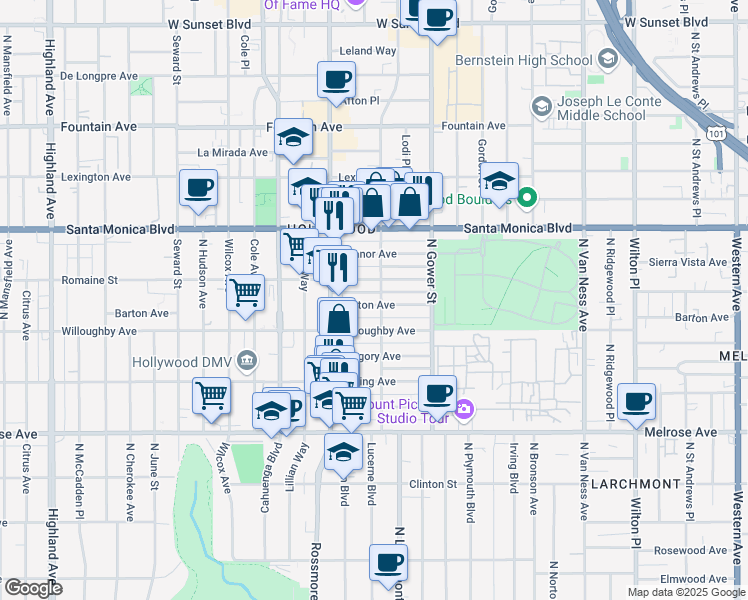 map of restaurants, bars, coffee shops, grocery stores, and more near 6007 Barton Avenue in Los Angeles