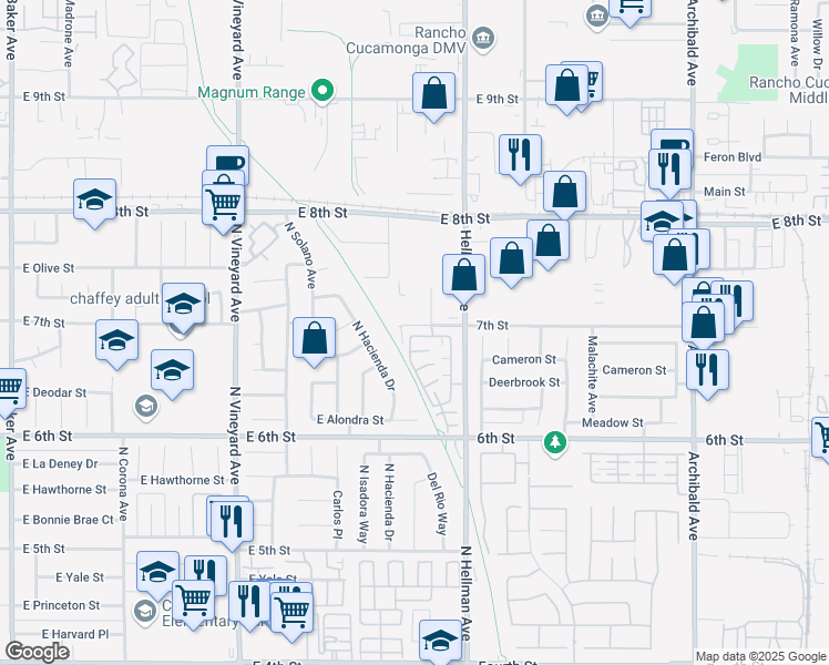 map of restaurants, bars, coffee shops, grocery stores, and more near 9212 North Rancho Park Circle in Rancho Cucamonga