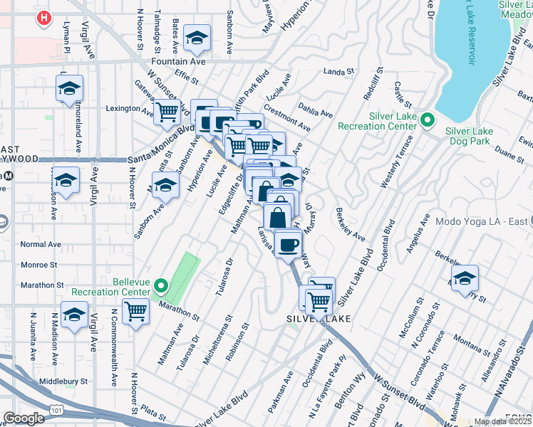 map of restaurants, bars, coffee shops, grocery stores, and more near in Los Angeles