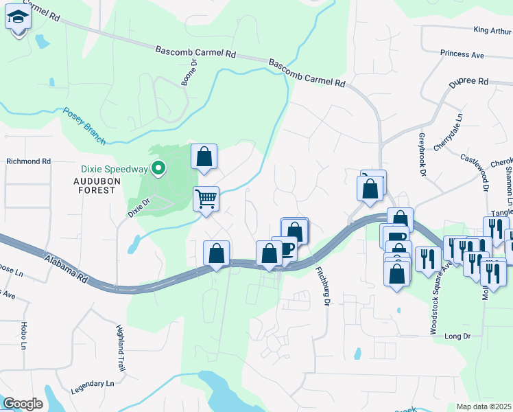 map of restaurants, bars, coffee shops, grocery stores, and more near 244 Bobbie Way in Woodstock