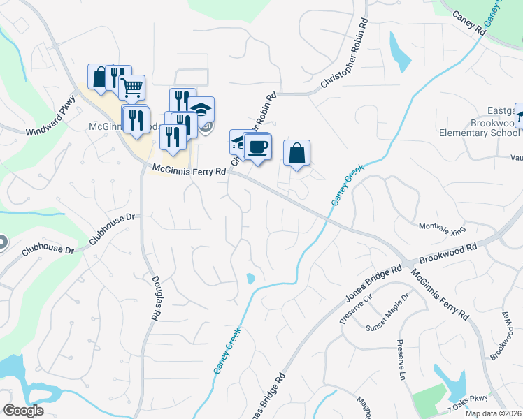 map of restaurants, bars, coffee shops, grocery stores, and more near 12660 Oxfordshire Court in Alpharetta