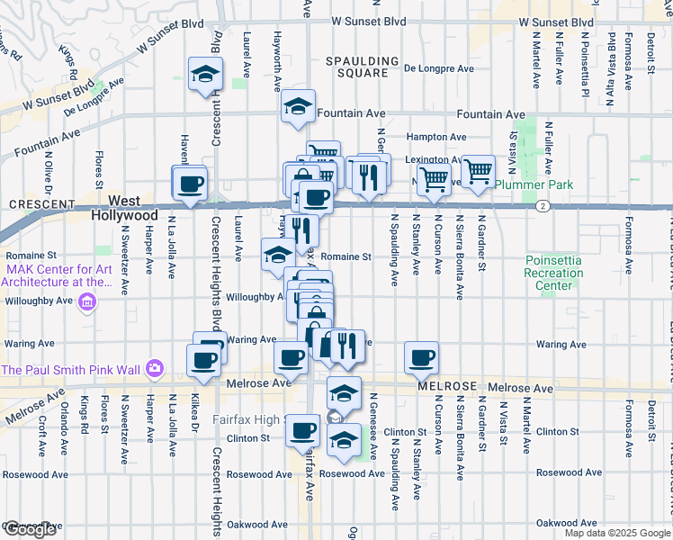 map of restaurants, bars, coffee shops, grocery stores, and more near 936 North Orange Grove Avenue in West Hollywood