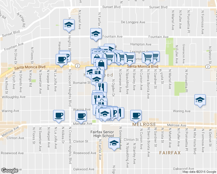 map of restaurants, bars, coffee shops, grocery stores, and more near 936 North Orange Grove Avenue in West Hollywood