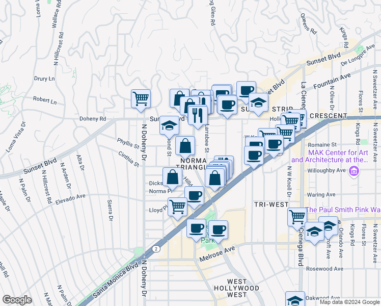 map of restaurants, bars, coffee shops, grocery stores, and more near 935 North San Vicente Boulevard in West Hollywood