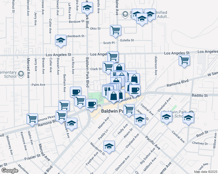 map of restaurants, bars, coffee shops, grocery stores, and more near 436 Park Shadow Court in Baldwin Park