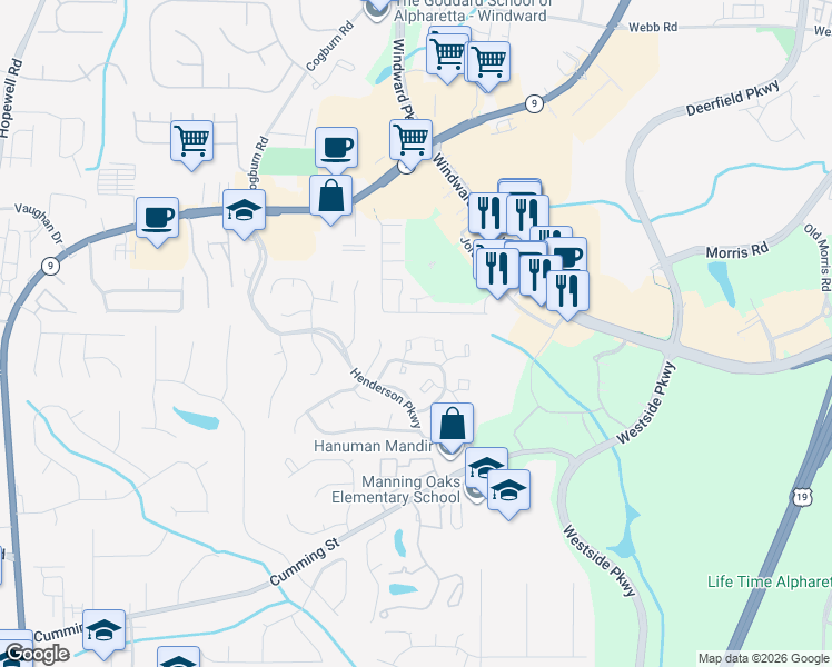 map of restaurants, bars, coffee shops, grocery stores, and more near 6036 Coventry Circle in Alpharetta